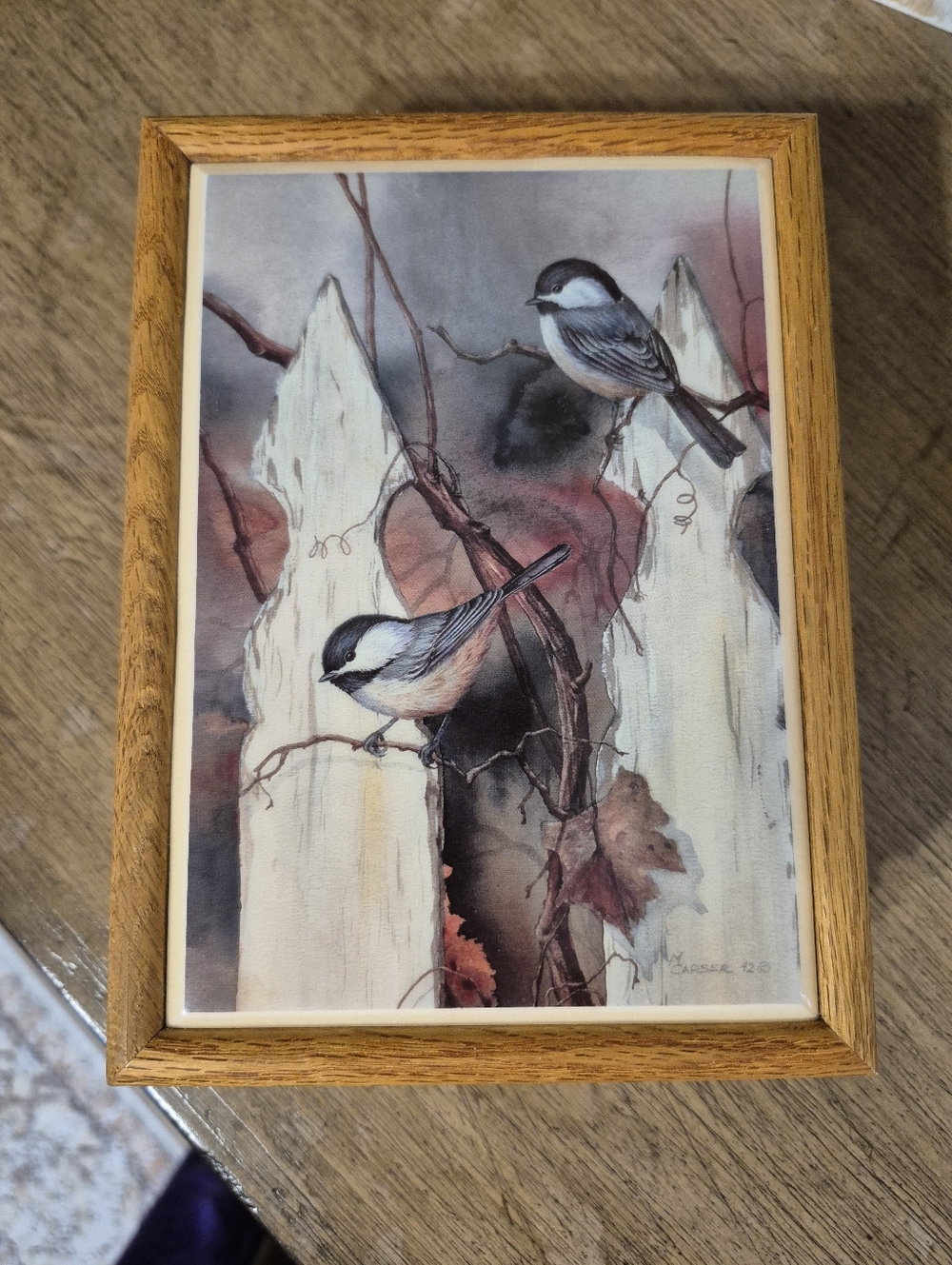 Jewelry Box 6.5"X5"x2", Black Capped Chicadees By Mike Capser Art, Soft Lining